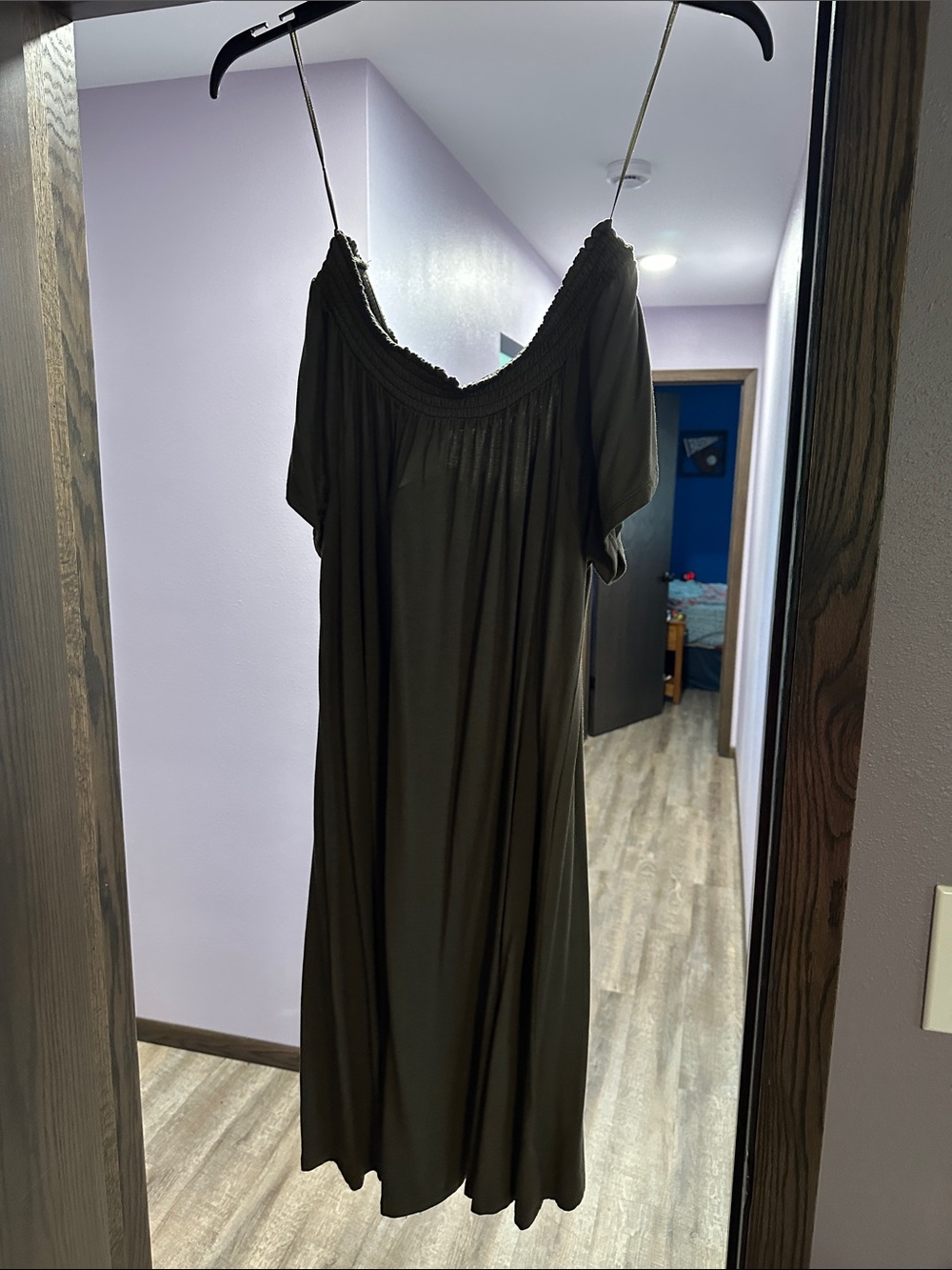 Olive Off-Shoulder Midi Dress with Smocked Yoke